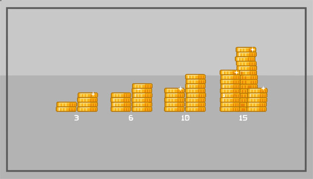 Financial growth concept chart represented by increasing stacks of gold coins with numbers below on a grey background.