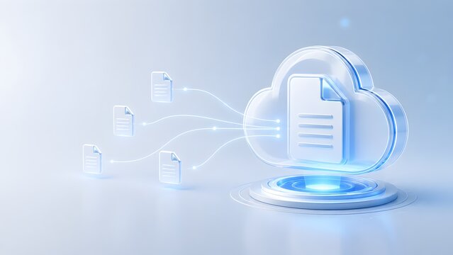 Transparent glass cloud symbol receiving digital document files representing secure data transfer online backup and cloud computing technology.