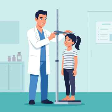 Doctor measuring child's height with stadiometer in a clinic - vector illustration