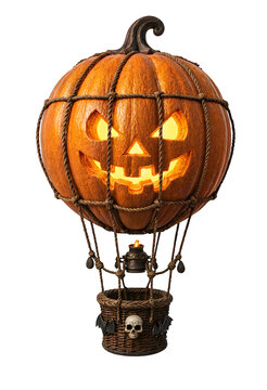Scary halloween pumpkin hot air balloon with glowing face