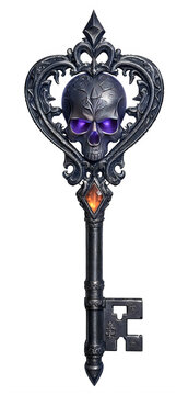 Gothic metal skeleton key with heart and purple skull design