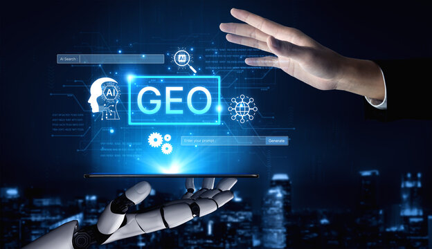 Digital marketing concept featuring GEO strategy. Generative AI search visual shows GEO interface integrating intelligence, logic, and AI input system for prompt tasks. Corpus