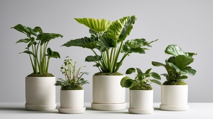Fototapeta premium Five Elegant Green Houseplants in Minimalist White Pottery Displayed on a Simple Surface for Modern Home Decor and Interior Landscaping Inspiration