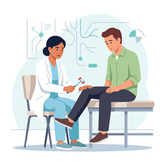 Obraz premium Doctor performs reflex test on patient using reflex hammer, simple flat vector illustration.