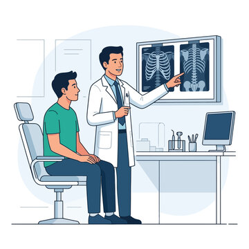 Doctor Explains X-ray Results to Patient in Medical Consultation, Flat Design Vector Illustration
