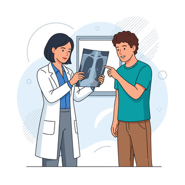 Doctor Explains X-ray Results to Patient in Modern Flat Illustration Style