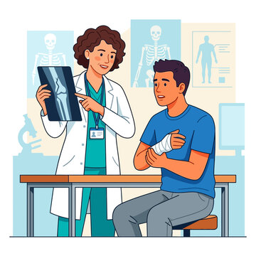 Doctor Explains X-ray to Patient with Injured Arm in Medical Office