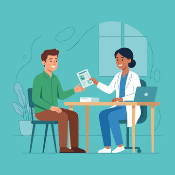Doctor giving medical advice or results to a patient in a consultation room, flat illustration style