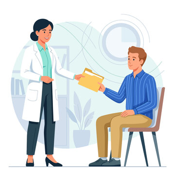 Doctor giving medical file to patient in clinic, flat design vector illustration
