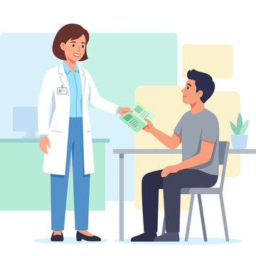 Doctor giving medical information leaflet to patient in clinic, flat design vector illustration