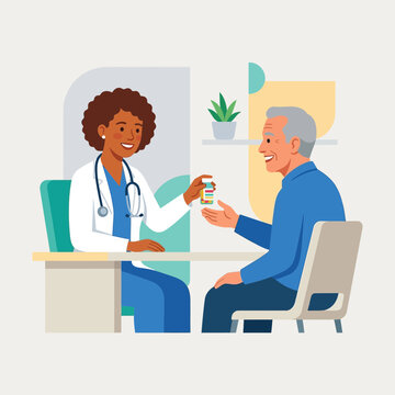 Doctor giving medication to elderly patient in a clinic consultation, flat design vector illustration