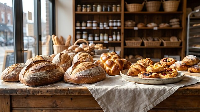 An inviting display of freshly baked artisan bread and a delectable assortment of pastries on a rustic wooden counter in a charming local bakery