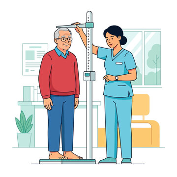 Nurse measures height of elderly man using stadiometer in clinic, flat vector illustration