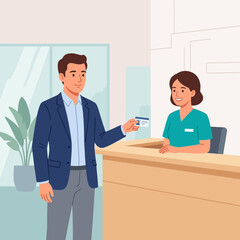 Fototapeta premium Man presenting identification card to smiling receptionist at a counter. Modern vector illustration for business and healthcare settings.