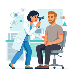 Fototapeta premium Ophthalmologist examining patient's eye with ophthalmoscope in clinic, flat vector illustration