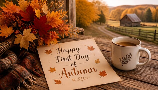 "Happy First Day of Autumn" message on a sheet of paper on a rustic wooden table, next to a white ceramic coffee mug and a bouquet of autumn leaves, warm fall weather, cozy countryside ..