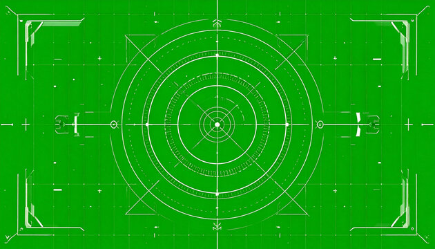 Futuristic Digital HUD Interface with Targeting Reticle and Grid Overlay on a Vibrant Green Background for Sci-Fi and Technology Concepts