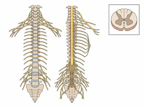 Human nervous system anatomy diagram showing spinal cord vertebral column nerves and cross section with vertebral neurology vertebrae backbone physiology educational structure illustration