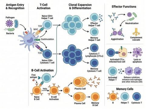 Immune system t cell and b cell activation and differentiation infographic diagram with activation differentiation infographic recognition cytotoxic antibody immunology physiology educational