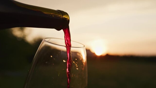 A hand gracefully pours vibrant red wine into a glass as the sun sets behind lush vineyards. This luxurious moment captures the warmth of an evening drink.