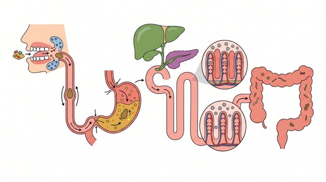 Human digestive system anatomy infographic showing organs and intestinal villi with digestive intestine pancreas esophagus digestion microscopic absorption nutrients gastrointestinal textbook