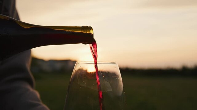 A hand gracefully pours rich red wine into a glass, capturing the essence of luxury and relaxation as golden sunlight bathes the vineyard in warm hues.