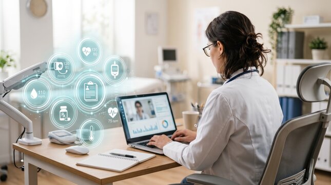 Female doctor using laptop with holographic medical data, telemedicine, digital healthcare technology, remote patient monitoring, modern clinic interior, health analytics dashboard