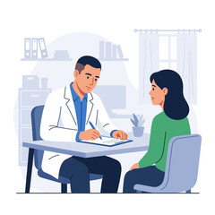 Fototapeta premium Doctor Consulting Patient in Clinic Office, Doctor Writes Notes on Clipboard