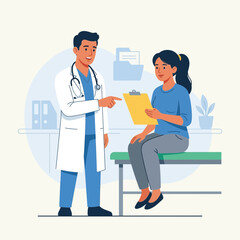 Fototapeta premium Doctor and Patient Consultation in Clinic: Healthcare Discussion with Clipboard and Stethoscope