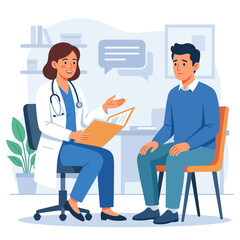 Fototapeta premium Doctor consulting patient in office, discussing medical results from folder, modern flat illustration style