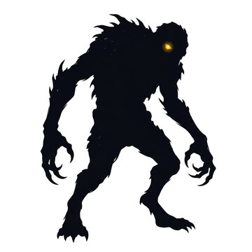 Black silhouette of a scary monster creature with glowing eyes