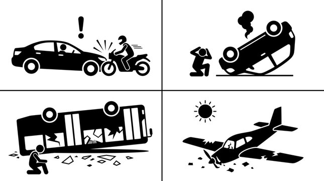 Graphic illustration featuring various black and white icons depicting dangerous transportation accident scenarios for safety warnings