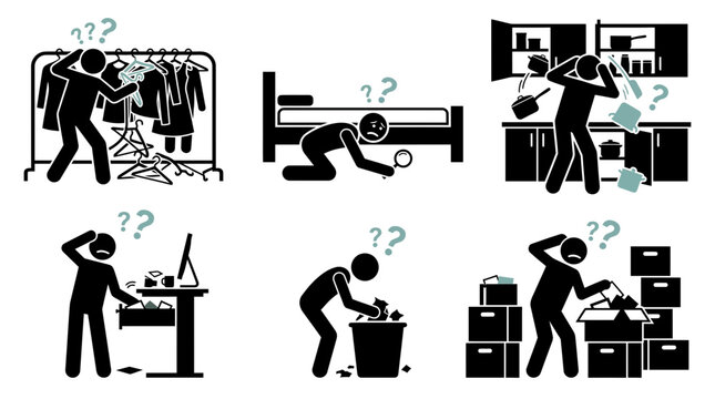 Confused stick figure people searching for lost items in various cluttered indoor living home settings