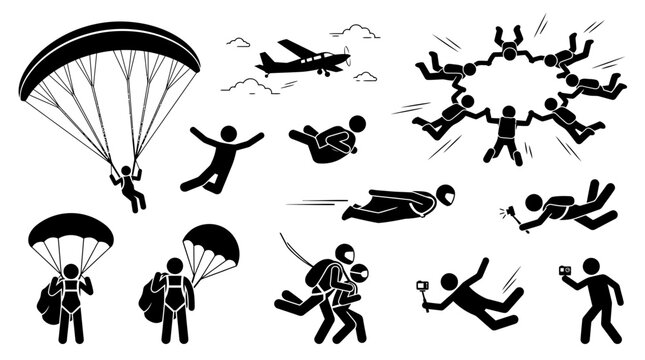 Skydiving vector graphic icons set featuring silhouettes of people parachuting and performing extreme aerial stunts together