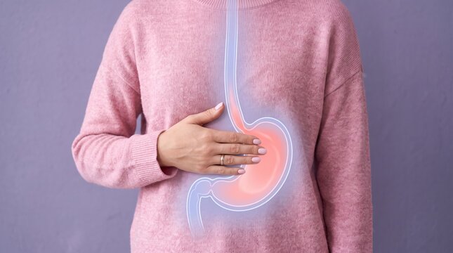 Woman holding stomach with digital anatomy overlay showing gastric pain, digestive health concept for medical diagnosis and wellness awareness.