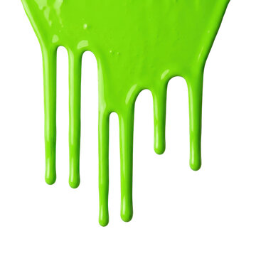 Bright green paint dripping down isolated on a white background