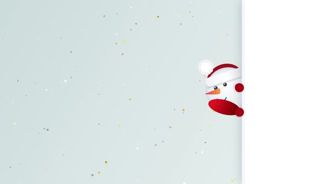 Cute animated snowman peeking from behind a white board with falling gold confetti background, for christmas and, holiday greeting
