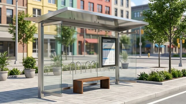 Sleek and modern public transport bus stop with a glass and metal design, offering a convenient waiting experience on a clean urban street for city commuters