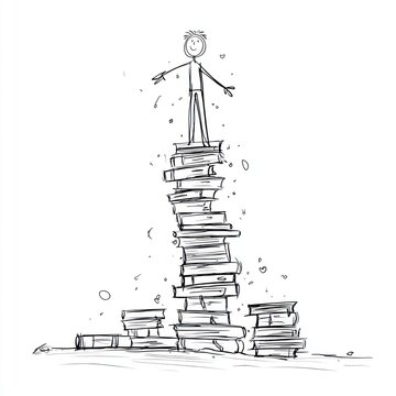 Stack of books with man on top