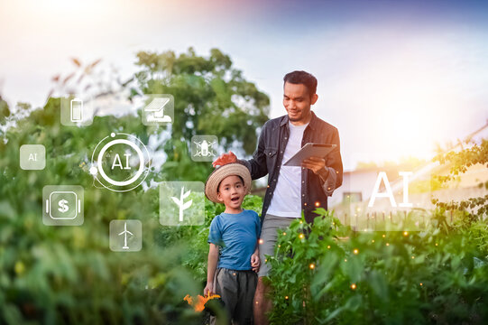 People using Tablet and AI Smart Farmer concept. Father and son using AI technology in organic agriculture to improve crop growth and farming efficiency.