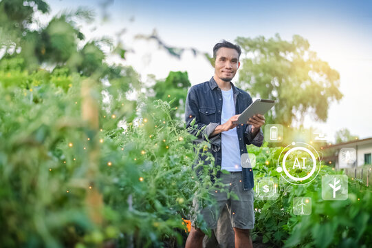 People using tablet internet and AI Smart Farmer concept.