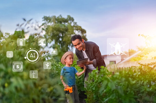 People using Tablet and AI Smart Farmer concept. Father and son using AI technology to monitor crops, optimize farming, and increase production through smart agriculture.