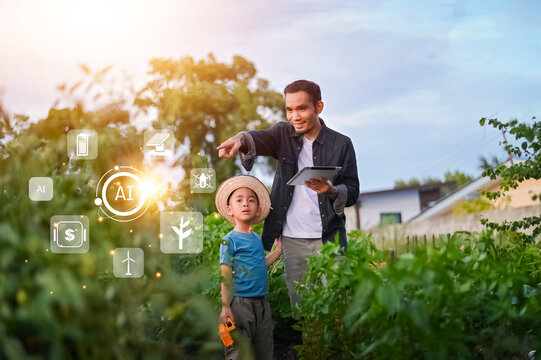 People using Tablet and AI Smart Farmer concept. Father and son applying AI technology to organic farming for better crop quality, productivity, and sustainable food production.