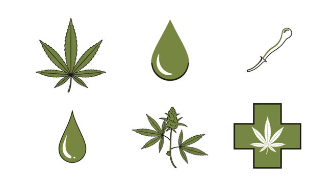 Set of medical cannabis icons including marijuana leaves oil drops and cross symbols.