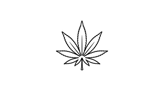 Minimalist black and white line art illustration of a cannabis sativa leaf icon.