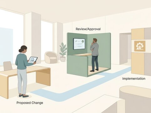 Business person reviewing a proposed change on a screen in an office while another person checks a tablet in a workflow and implementation process