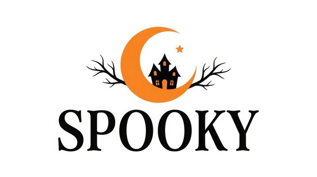 Halloween graphic featuring a spooky haunted house silhouette under a crescent moon