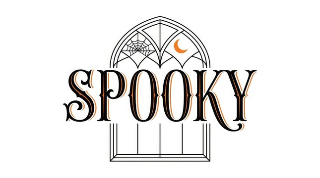 Vintage style illustration of the word spooky with a decorative spiderweb above it