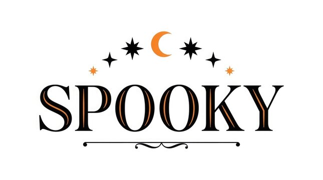 Hand lettered spooky text with crescent moon and stars illustration for halloween designs
