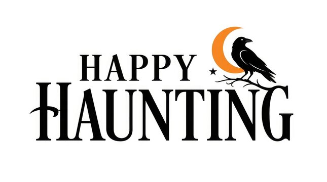 Happy haunting typography with a raven perched on a branch under a crescent moon